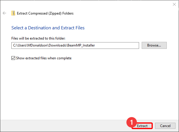 Windows extraction wizard, with extract highlighted